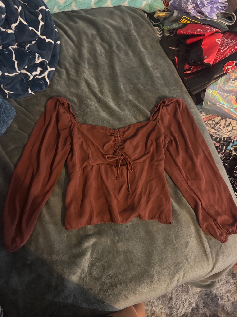 Abercrombie Women's Rust Brown Peasant Blouse with Lace-Up Front
